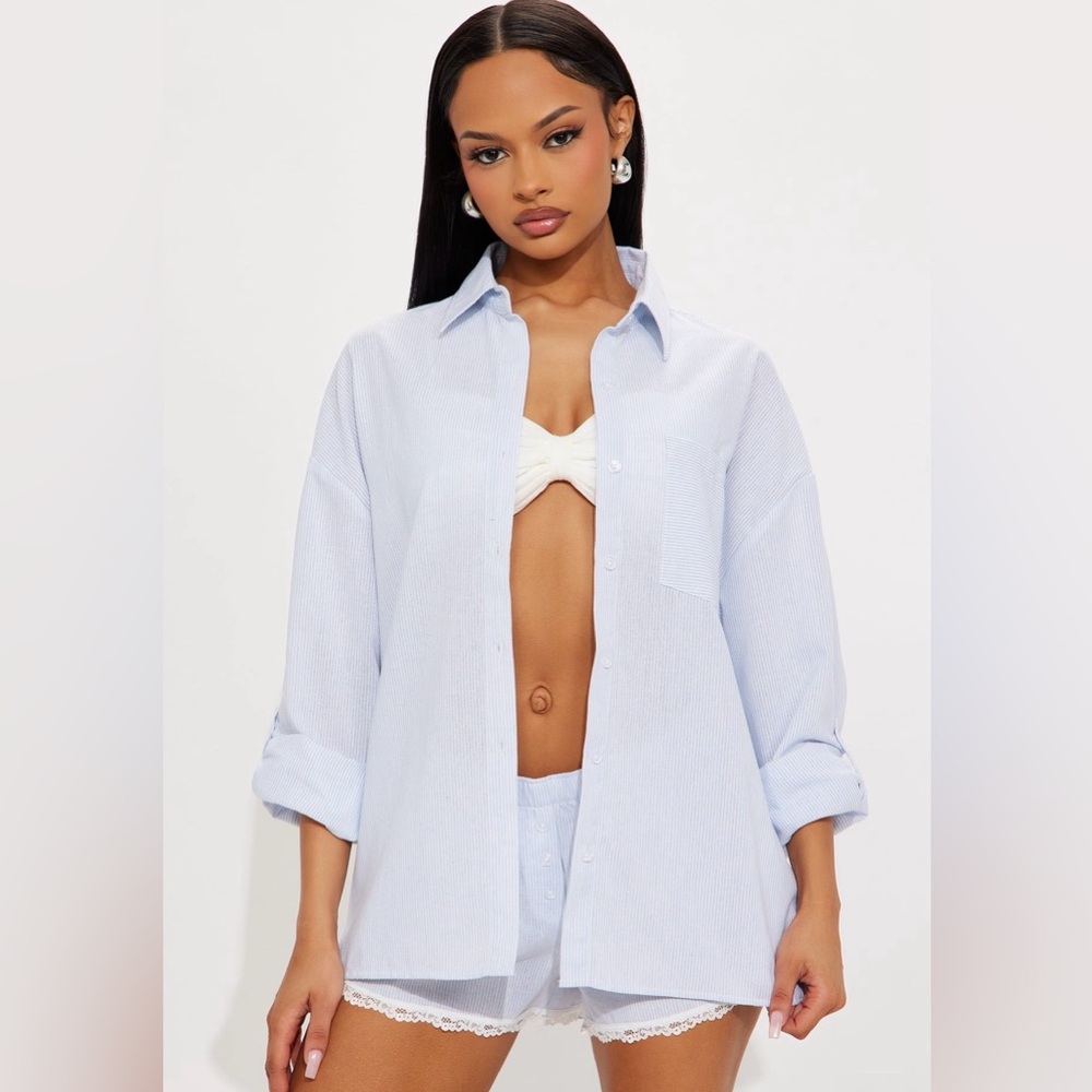 Light Blue Button-Down Oversized Shirt Set